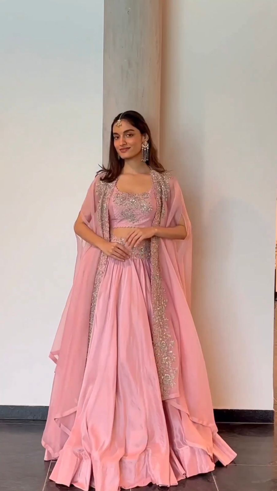 Wedding Wear Pink Color Chinon Silk Lehenga For Girls