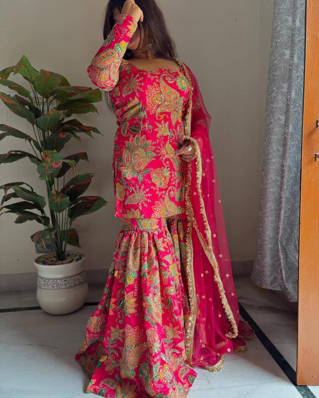 Wedding Wear Pink Color Chinon Silk Sharara For Girls
