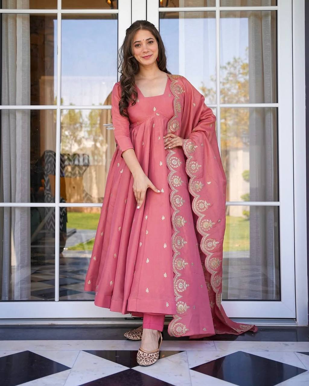 Wedding Wear Pink Color Havy Gold Crush Silk Gown For Girls