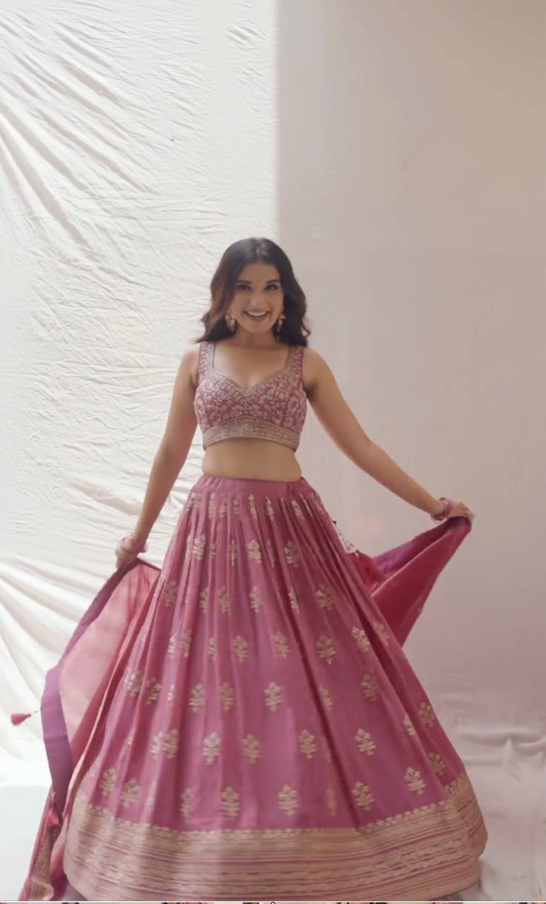 Wedding Wear Pink Color Heavy Chinon Silk Lehenga For Girls