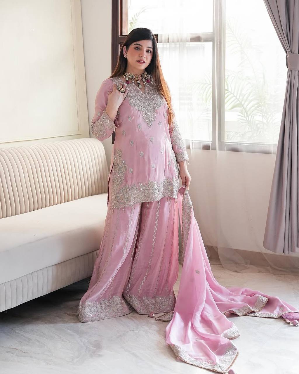 Wedding Wear Pink Color Heavy Chinon Silk Sharara For Girls