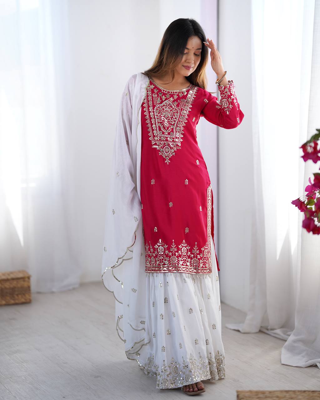 Wedding Wear Pink Color Heavy Pure Chinnon Silk Sharara For Women