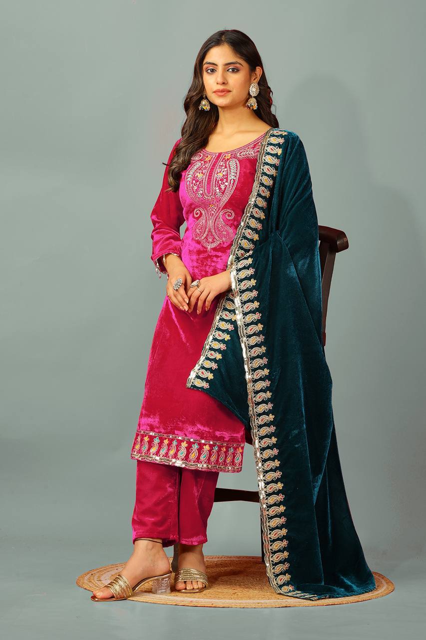 Wedding Wear Pink Color Heavy Viscose Velvet Suit For Girls