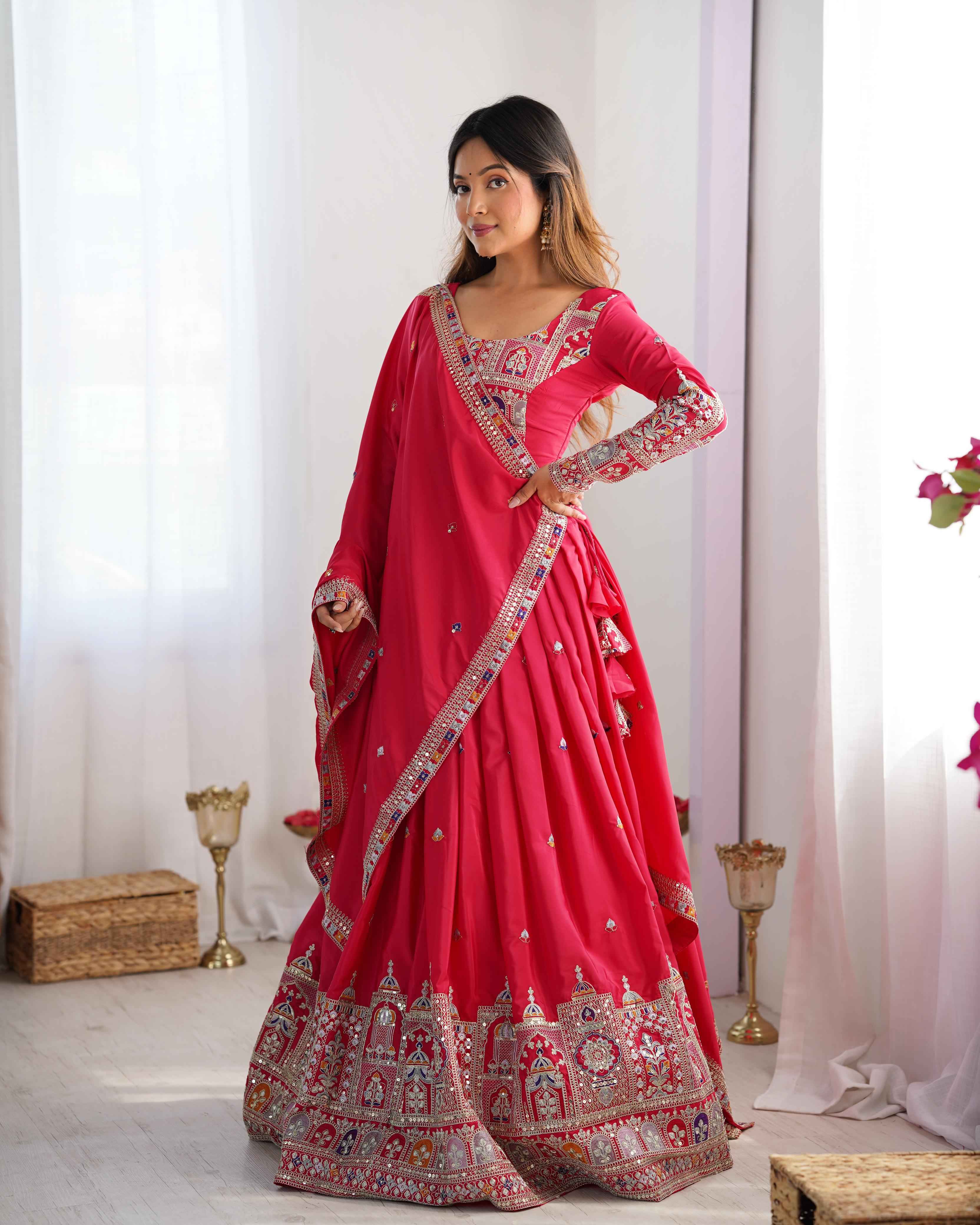 Wedding Wear Pink Color Natural Crep Silk Lehenga For Women