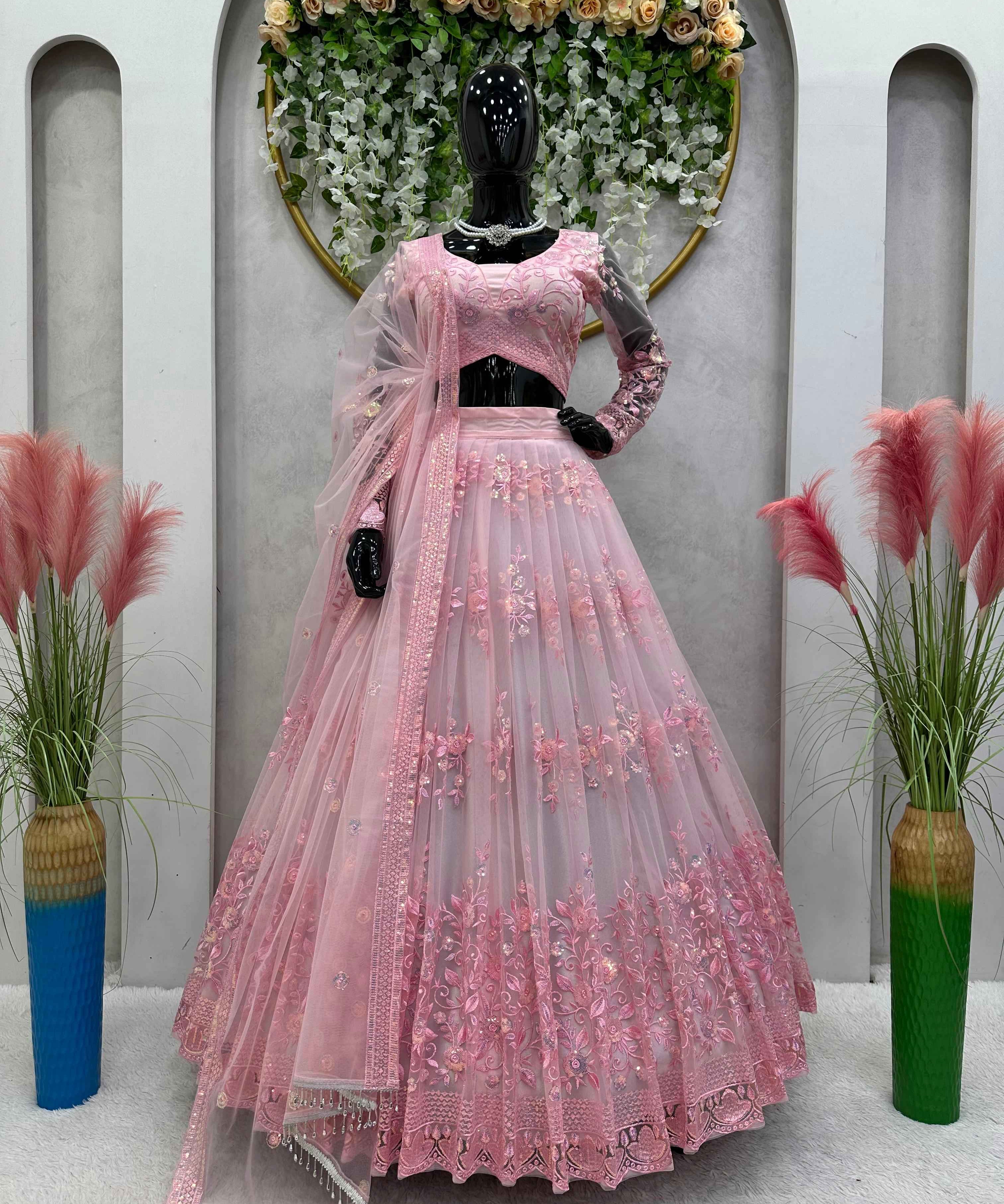 Wedding Wear Pink Color Soft Net Lehenga For Girls
