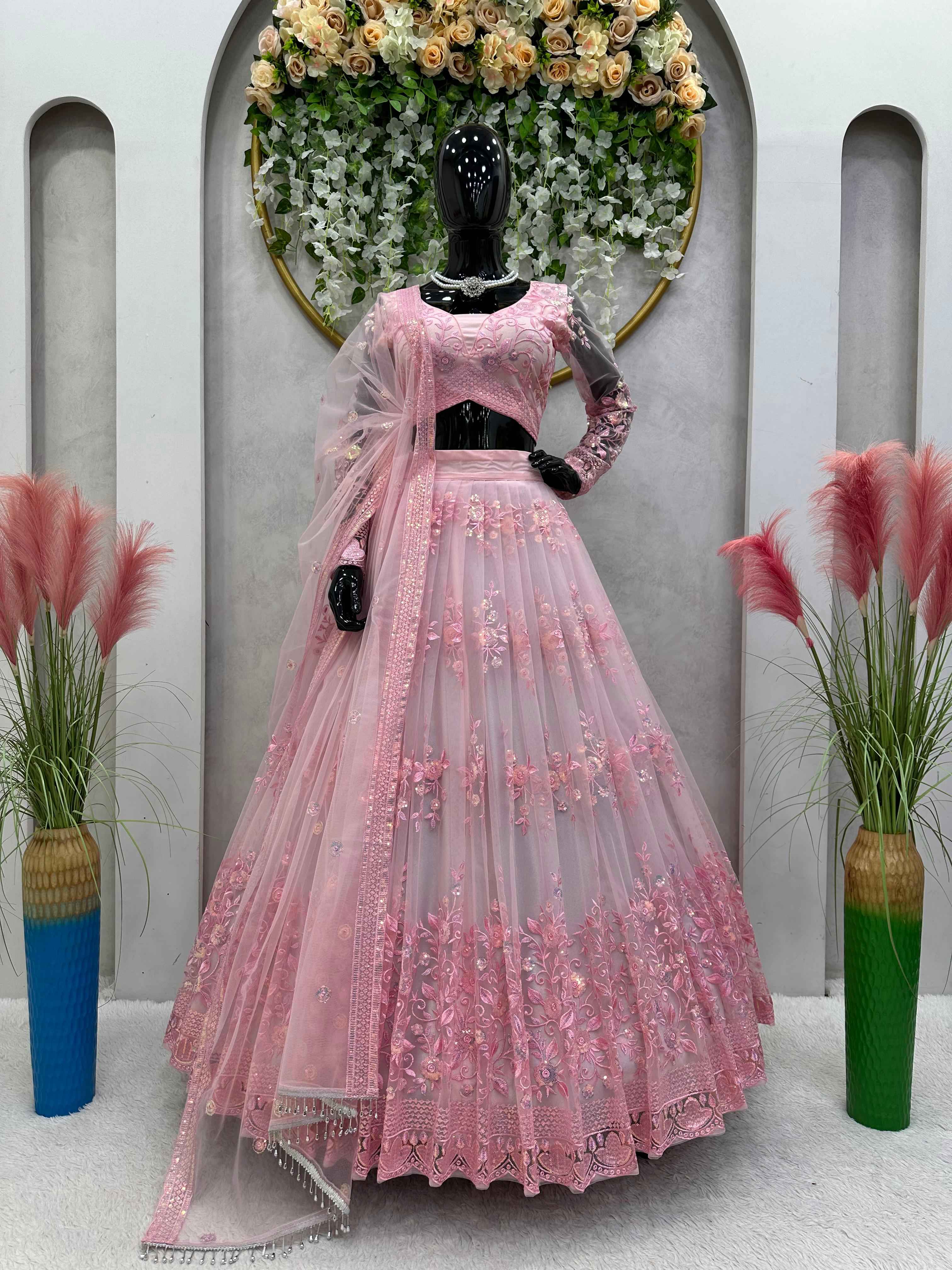 Wedding Wear Pink Color Soft Net Lehenga For Girls