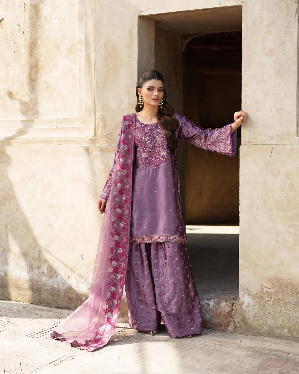 Wedding Wear Purple Color Chinnon Silk Suit For Girls