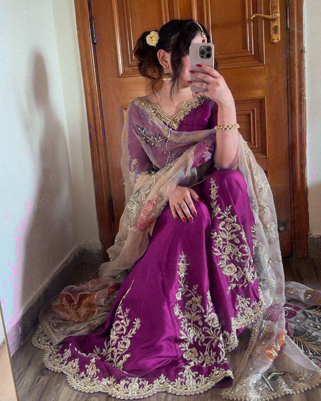 Wedding Wear Purple Color Chinon Silk Sharara For Girls