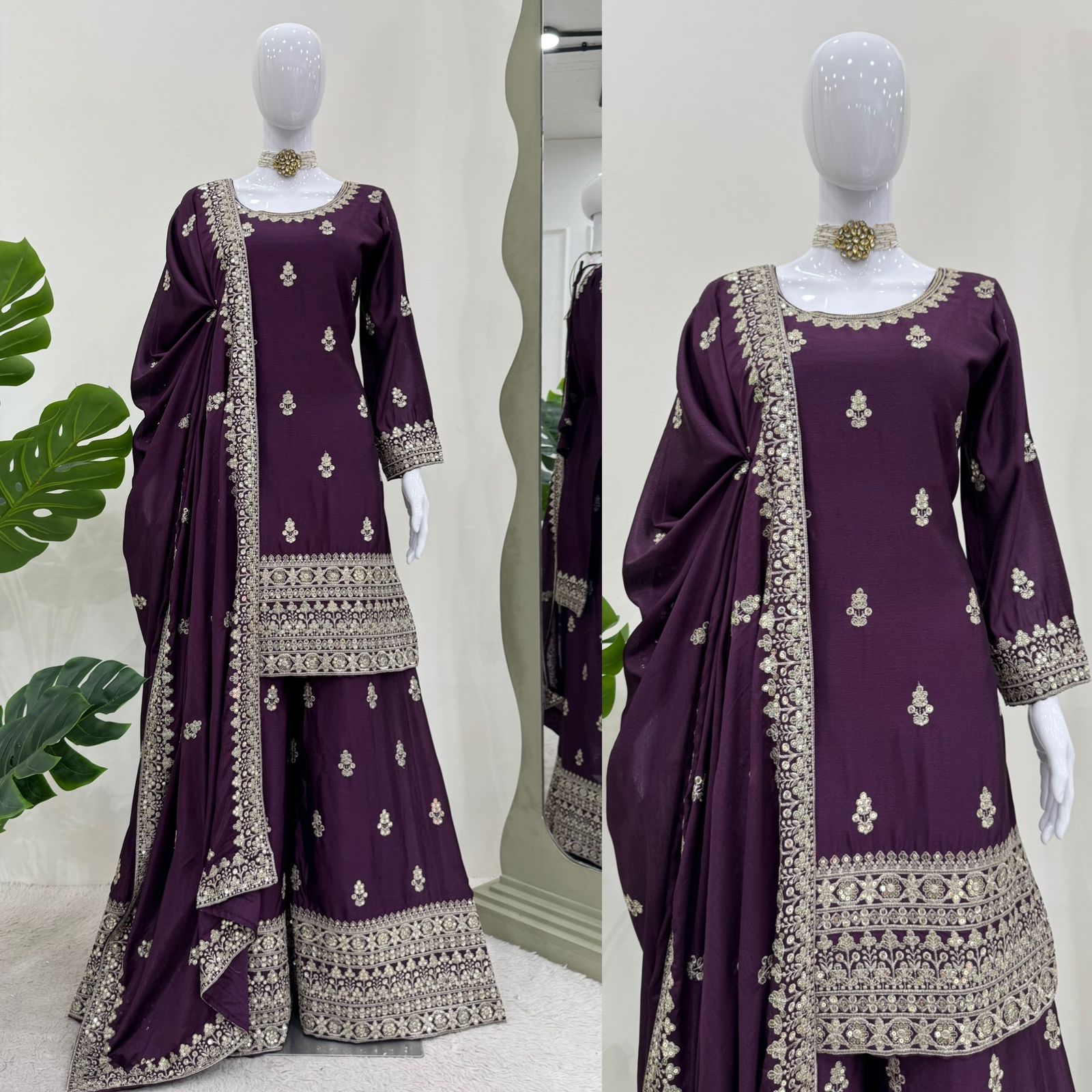 Wedding Wear Purple Color Chinon Silk Wear For Girls
