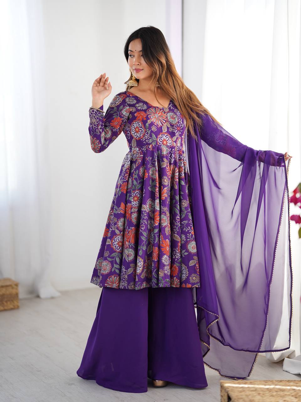Wedding Wear Purple Color Heavy Pure Soft Chanderi Gown For Girls