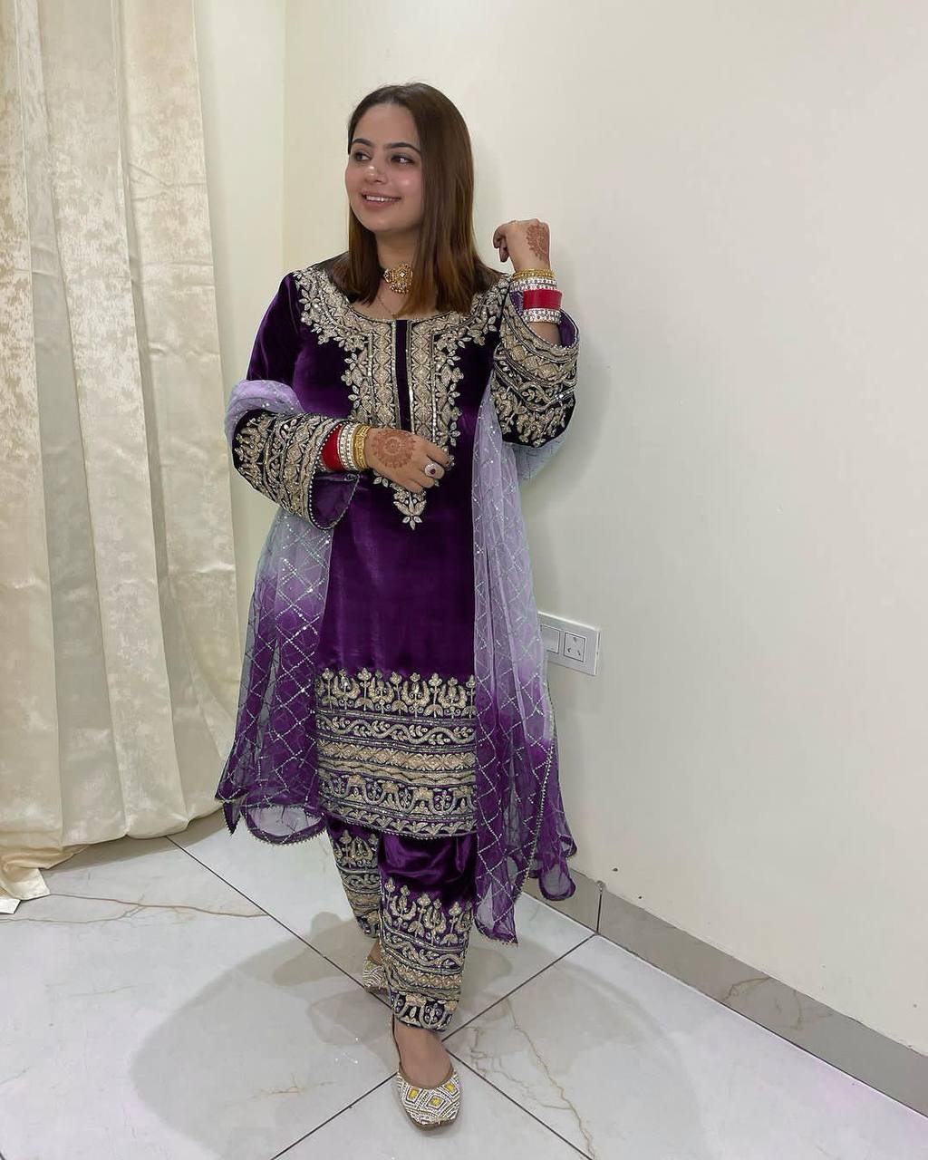 Wedding Wear Purple Color Heavy Viscose Velvet Kurti For Girls