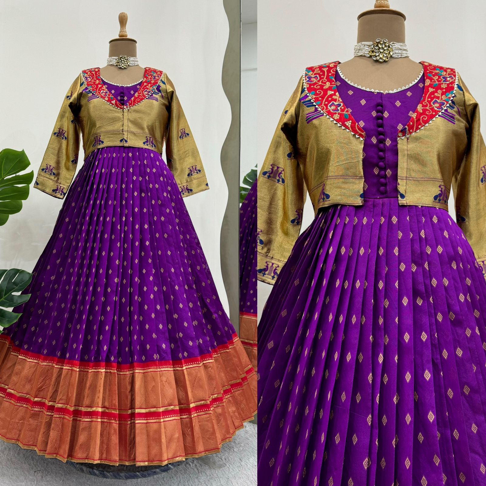 Wedding Wear Purple Color Jequrd silk Gown For Girls