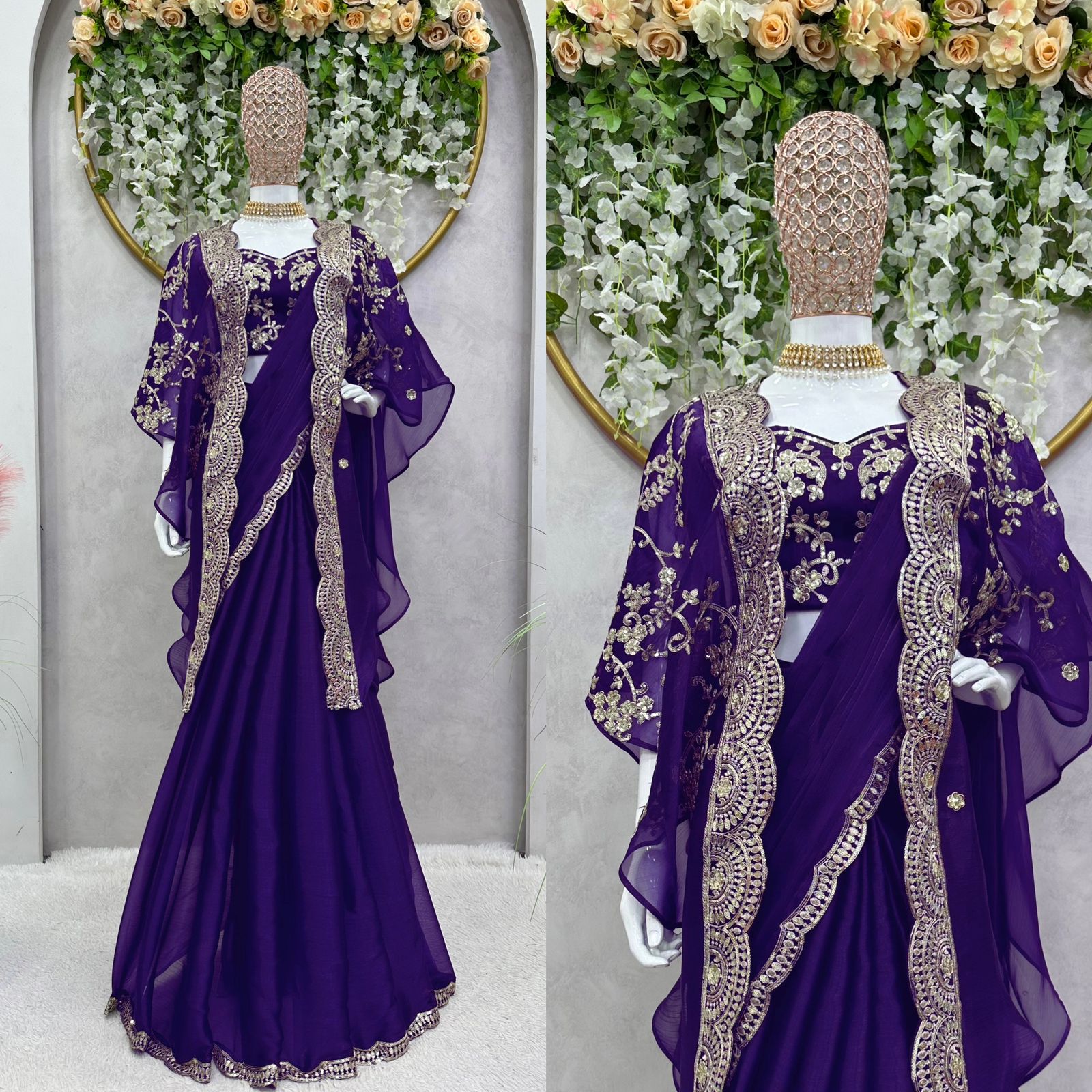 Wedding Wear Purple Color Jimmy Chu Saree For Girls