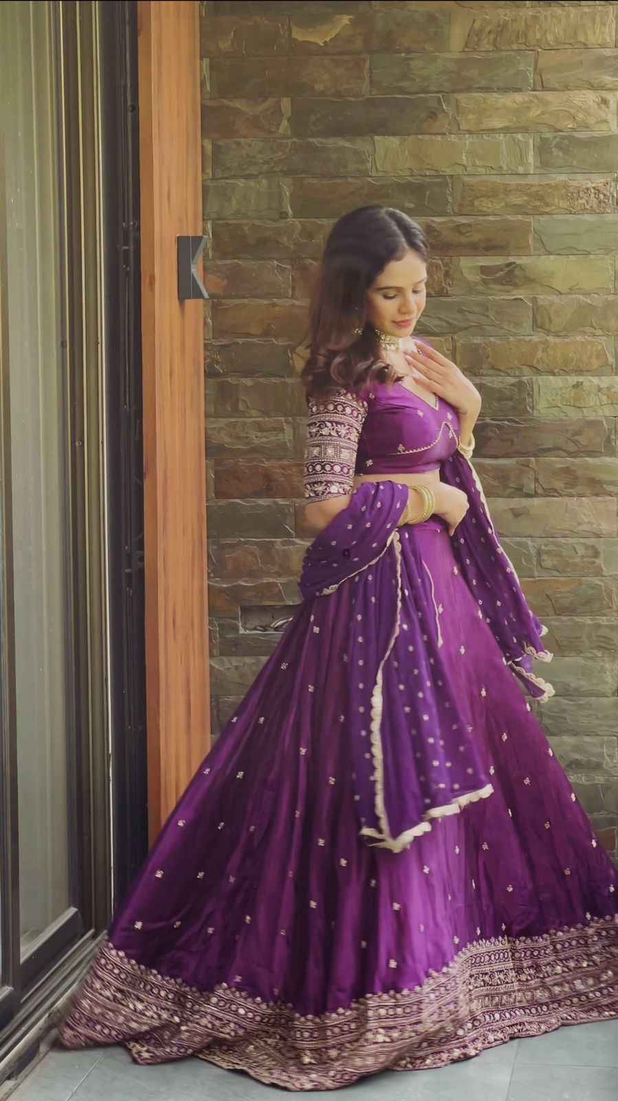 Wedding Wear Purple Color Satin Silk Lehenga For Girls