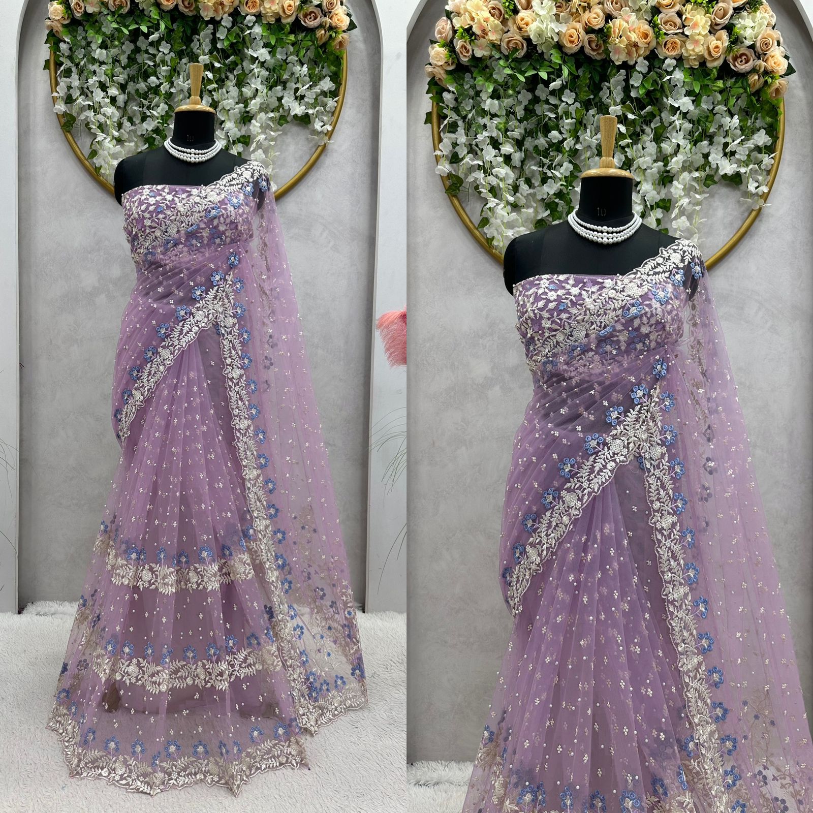 Wedding Wear Purple Color Soft Net Saree For Girls