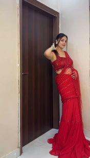 Wedding Wear Red Color Butterfiy Net Saree For Women