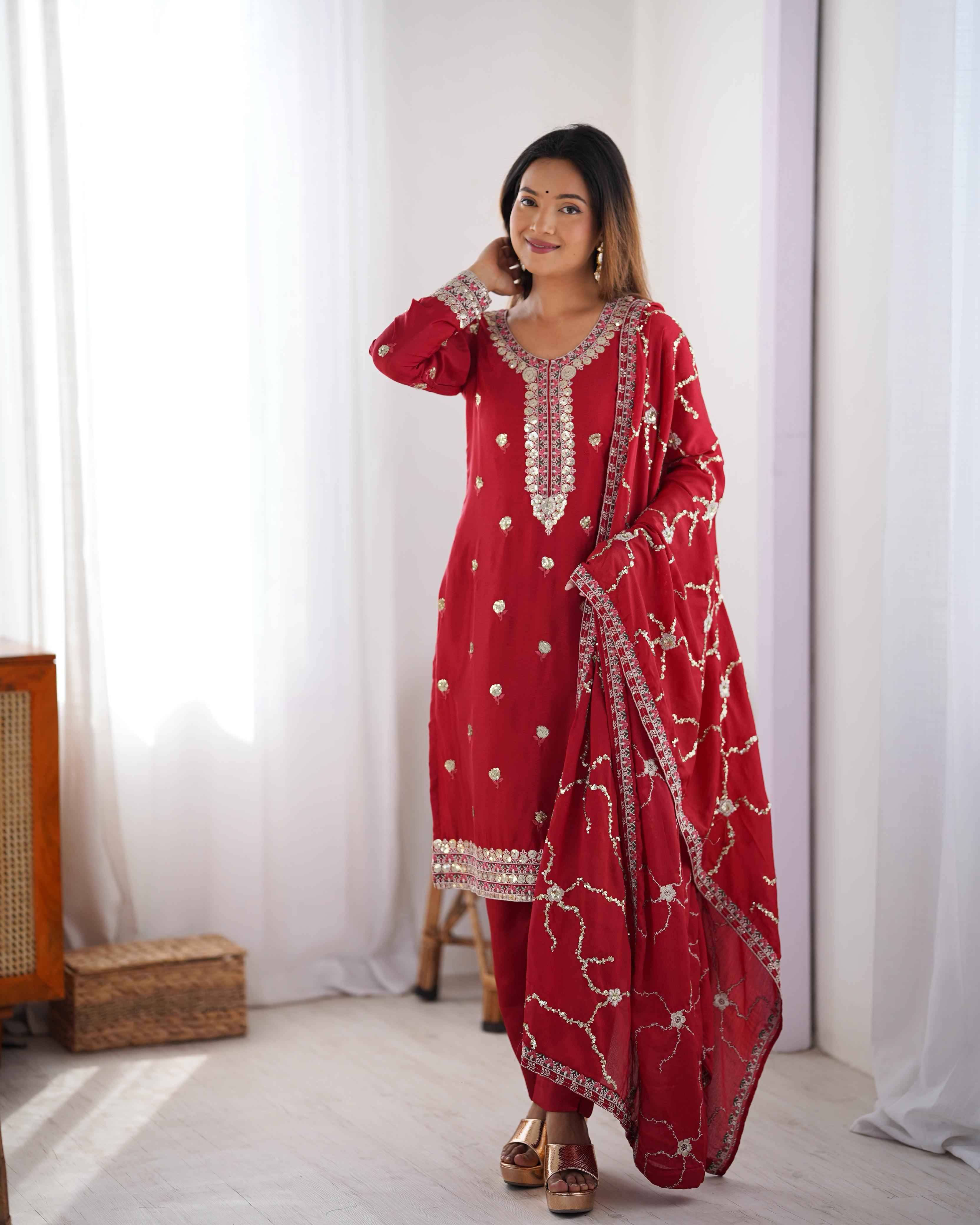 Wedding Wear Red Color Chinon Silk Kurti For Girls