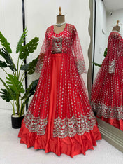Wedding Wear Red Color Japan Satin Indowestern For Girls