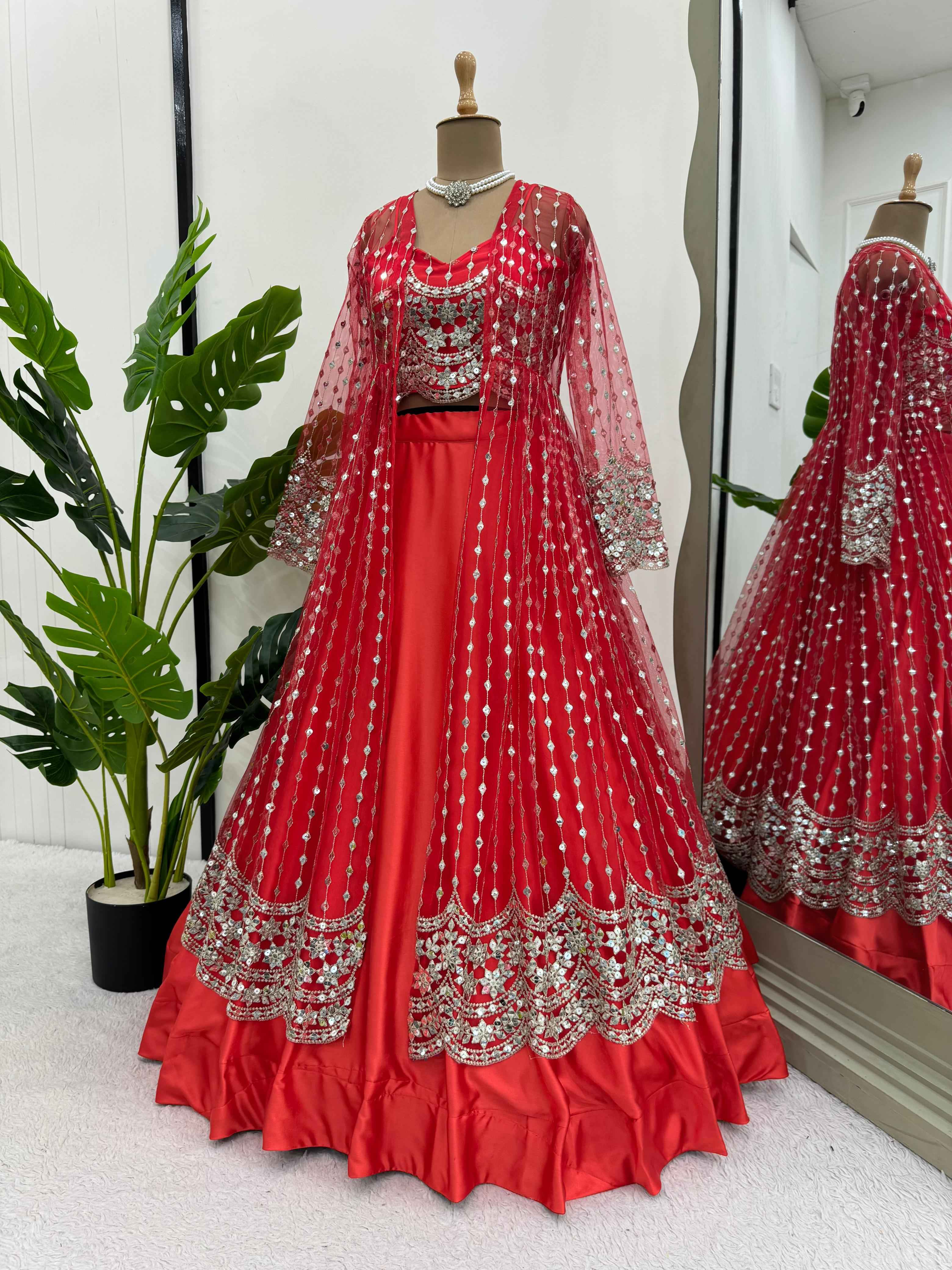 Wedding Wear Red Color Japan Satin Indowestern For Girls