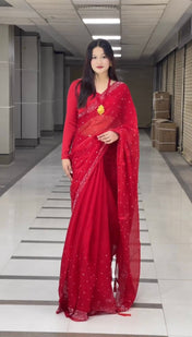 Wedding Wear Red Color Jimmy Choo Saree For Girls