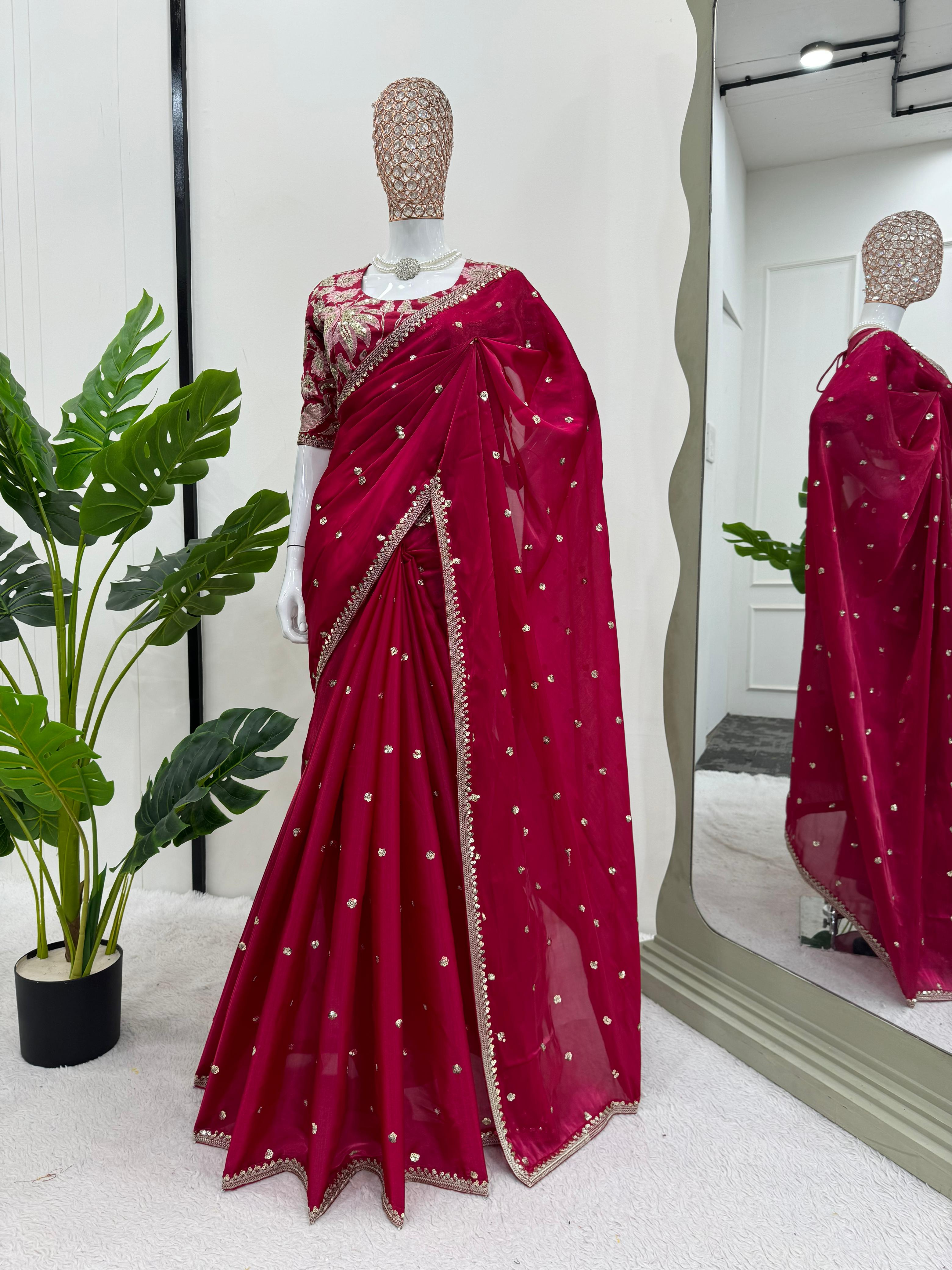 Wedding Wear Red Color Jimmy Chu Saree For Girls