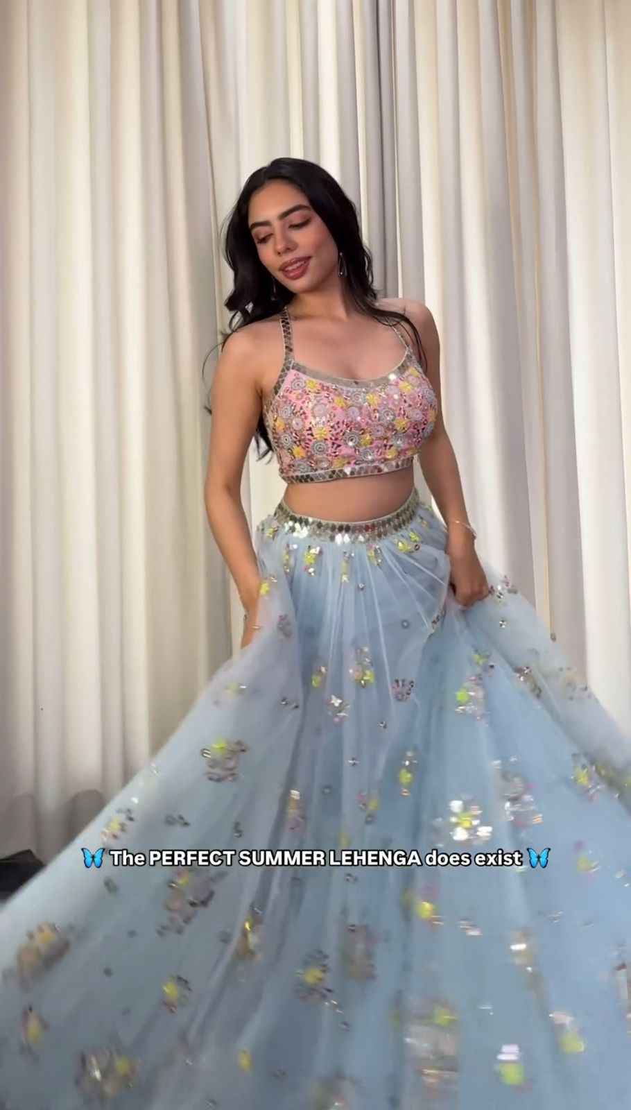 Wedding Wear Sky Blue Color Butterfly Net Lehenga For Girls