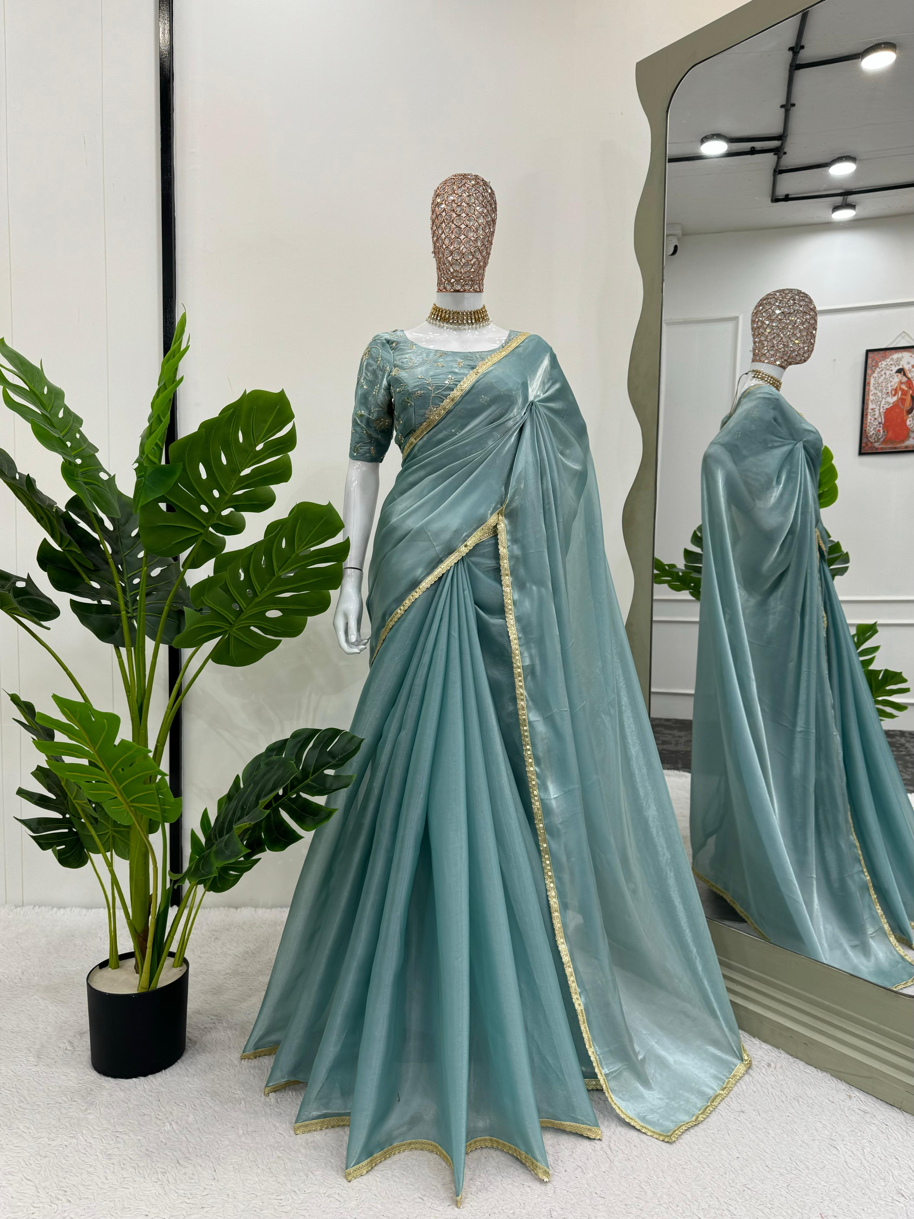 Wedding Wear Sky Blue Color Havy Zimmy Chu Saree For Girls