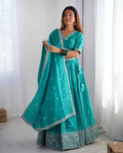 Wedding Wear Sky Blue Color Shimmer Silk Lehenga For Girls