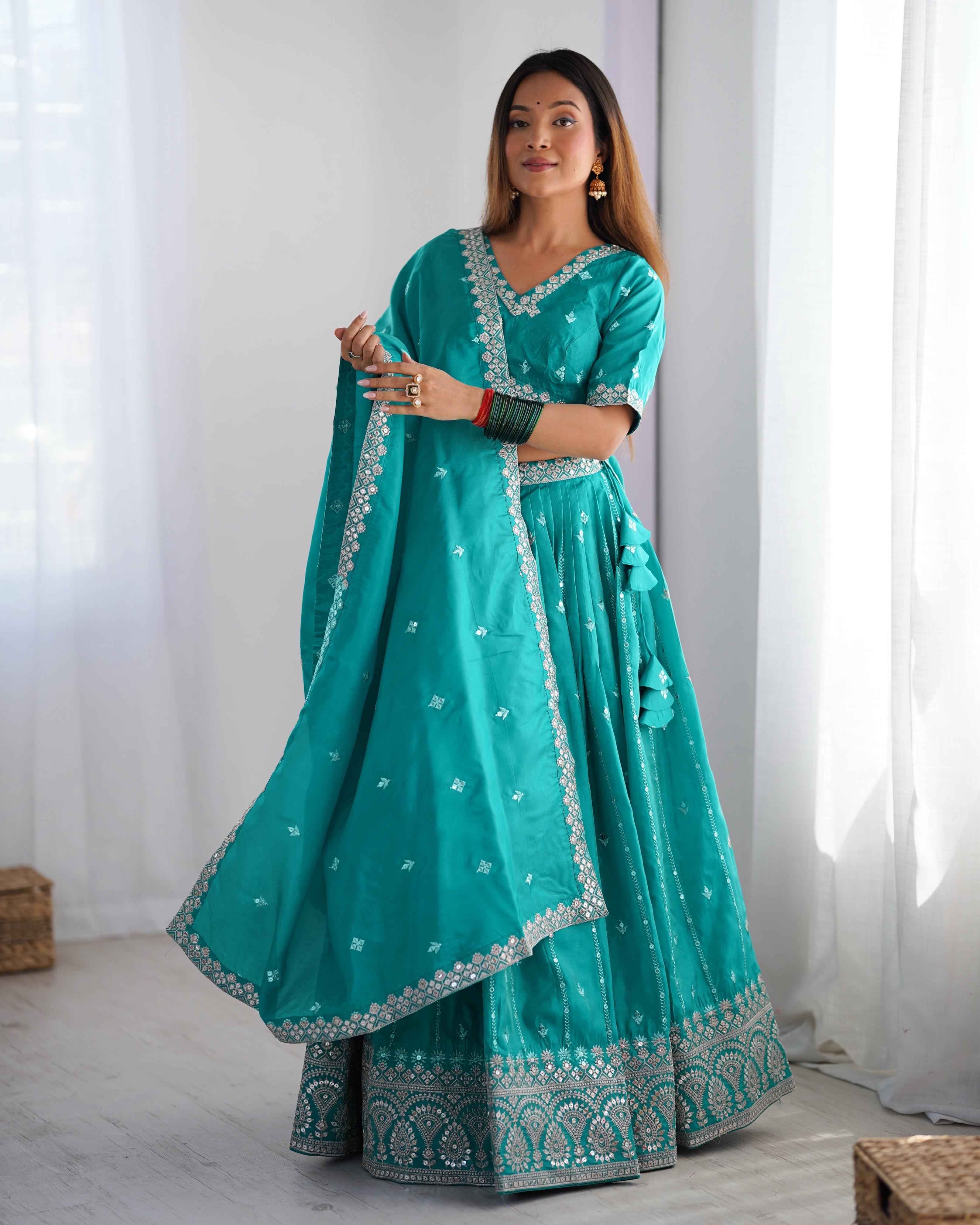 Wedding Wear Sky Blue Color Shimmer Silk Lehenga For Girls