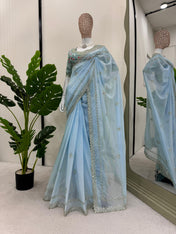 Wedding Wear Sky Blue Color Tibby Silk Saree For Girls