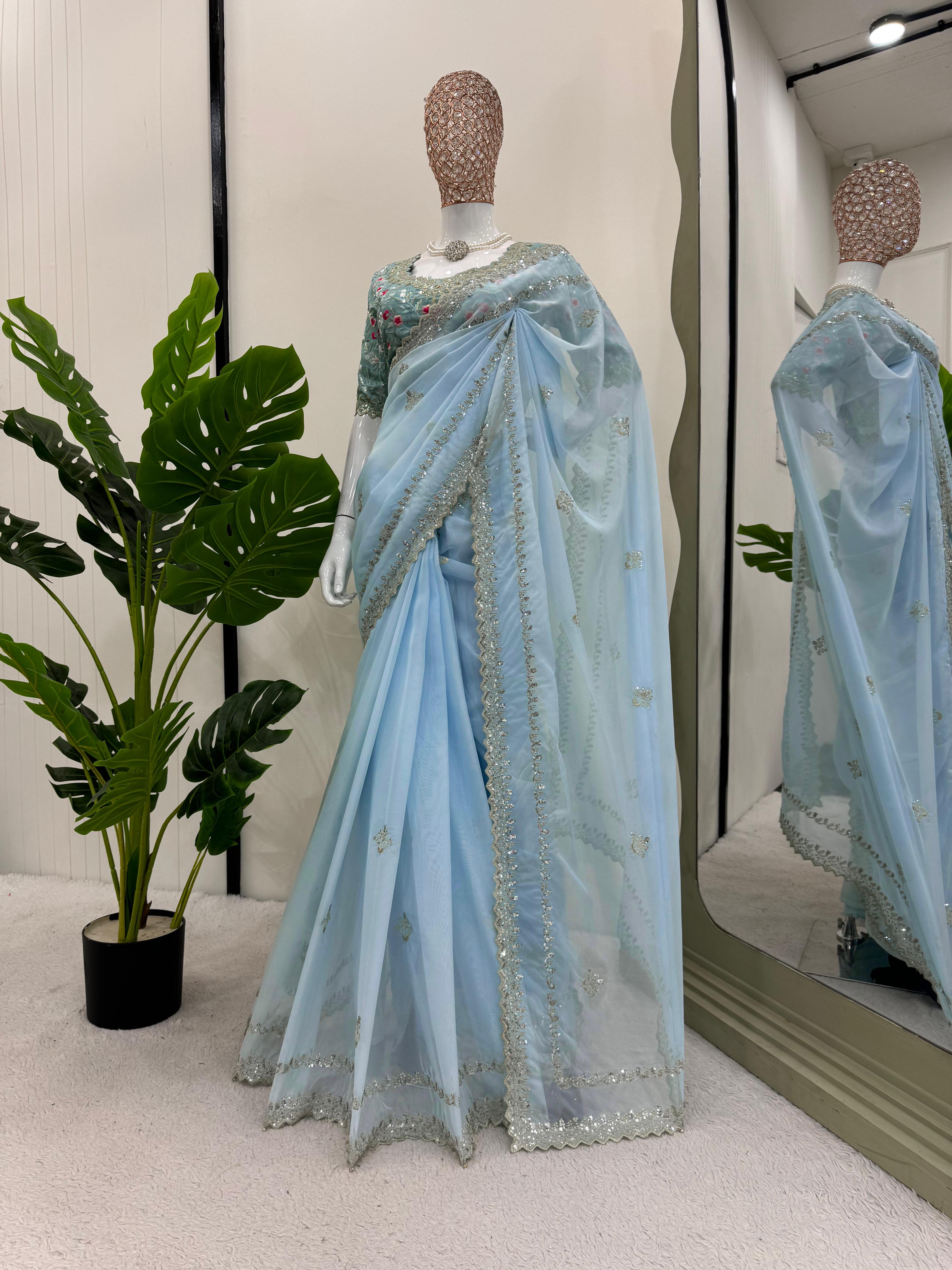 Wedding Wear Sky Blue Color Tibby Silk Saree For Girls