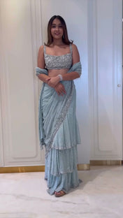 Wedding Wear Sky Blue Georgette Saree For Women