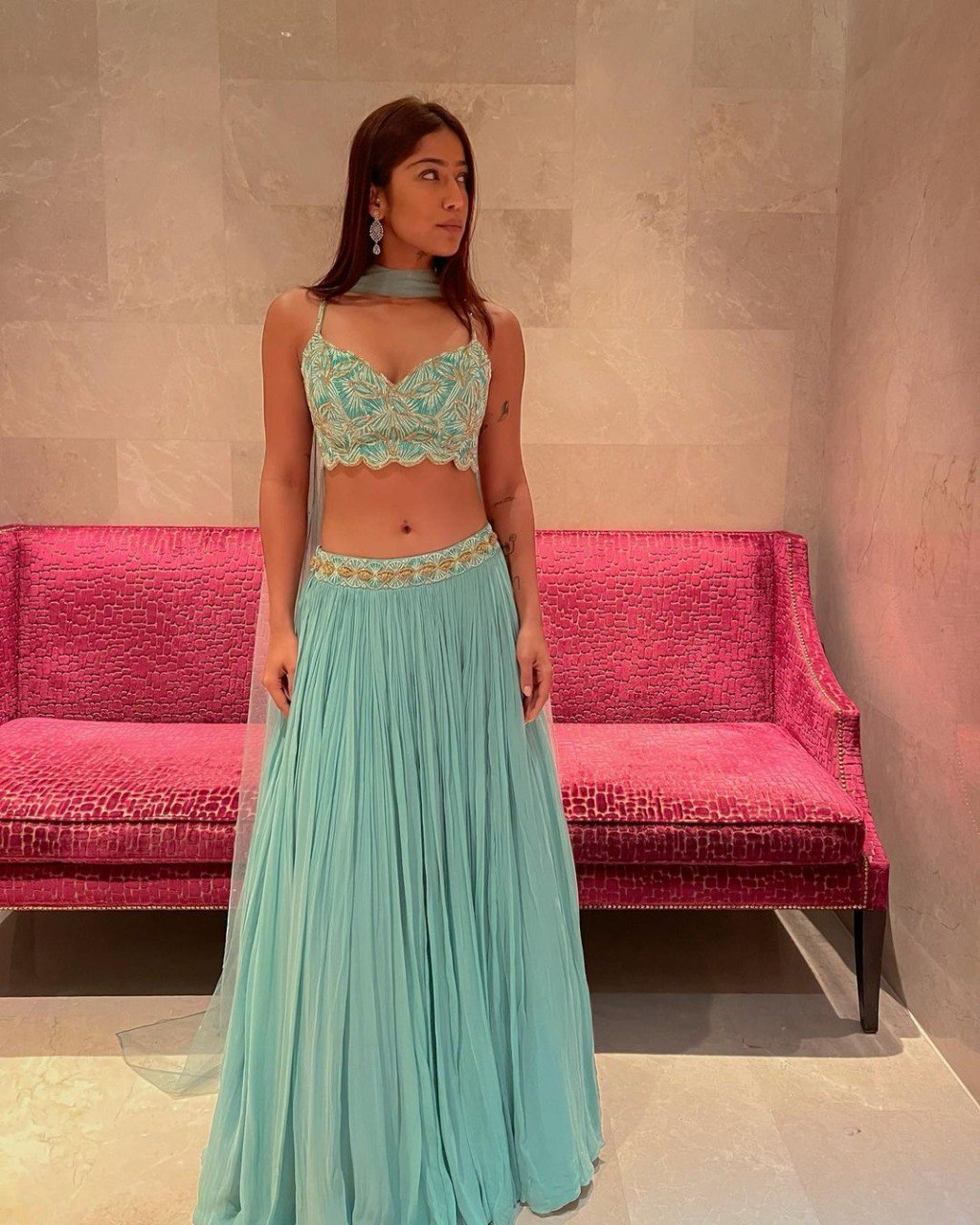 Wedding Wear Turquoise Color Faux Georgette Lehenga For Women