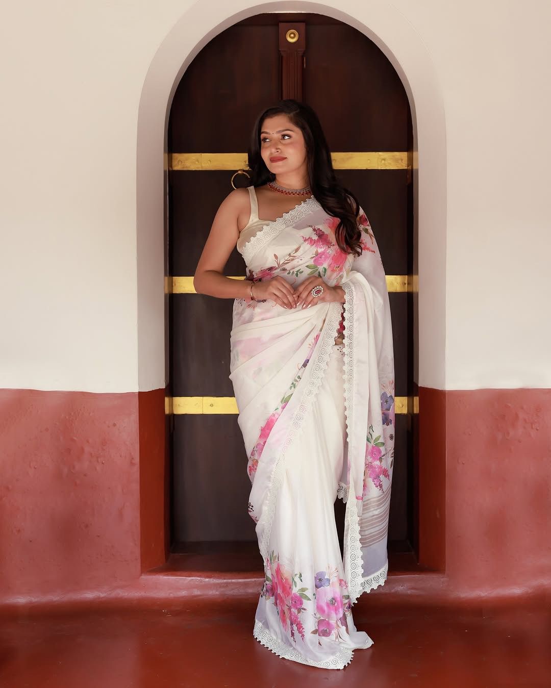 Wedding Wear White Color Faux Georgette Saree For Girls
