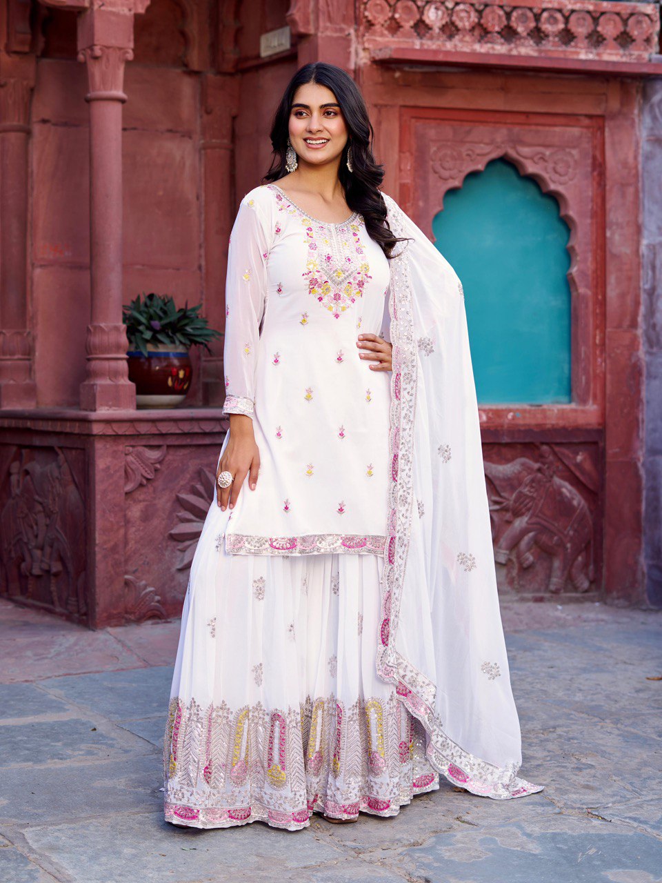 Wedding Wear White Color Faux Georgette Sharara For Girls