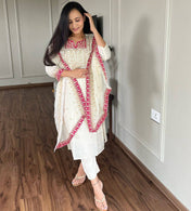 Wedding Wear White Color Pure Chinnon Silk Kurti For Girls