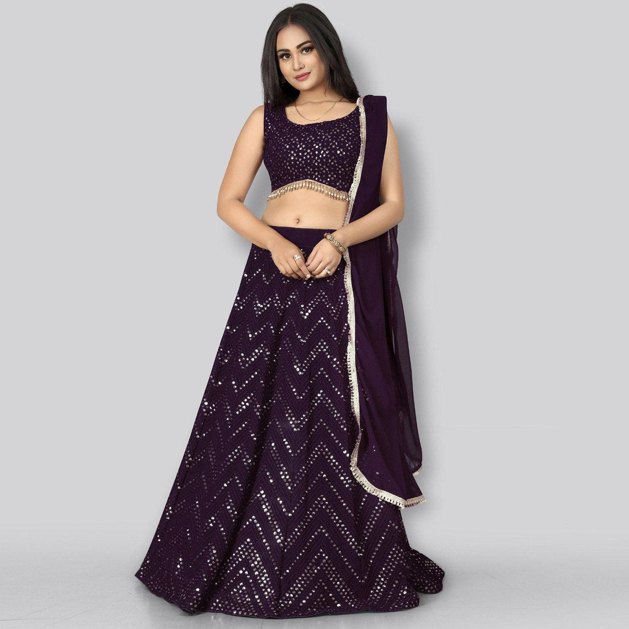 Wedding Wear Wine Color Faux Georgette Lehenga For Bride
