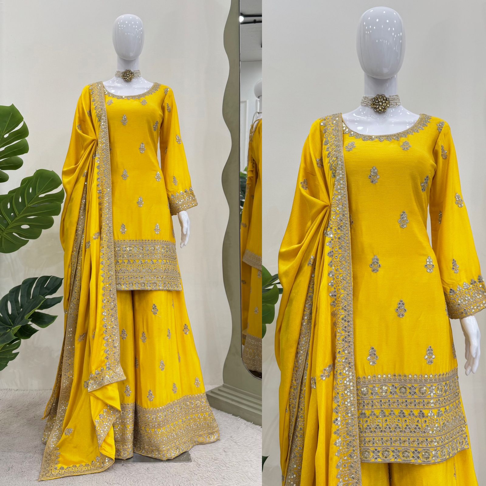 Wedding Wear Yellow Color Chinon Silk Wear For Girls