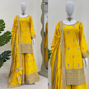 Wedding Wear Yellow Color Chinon Silk Wear For Girls