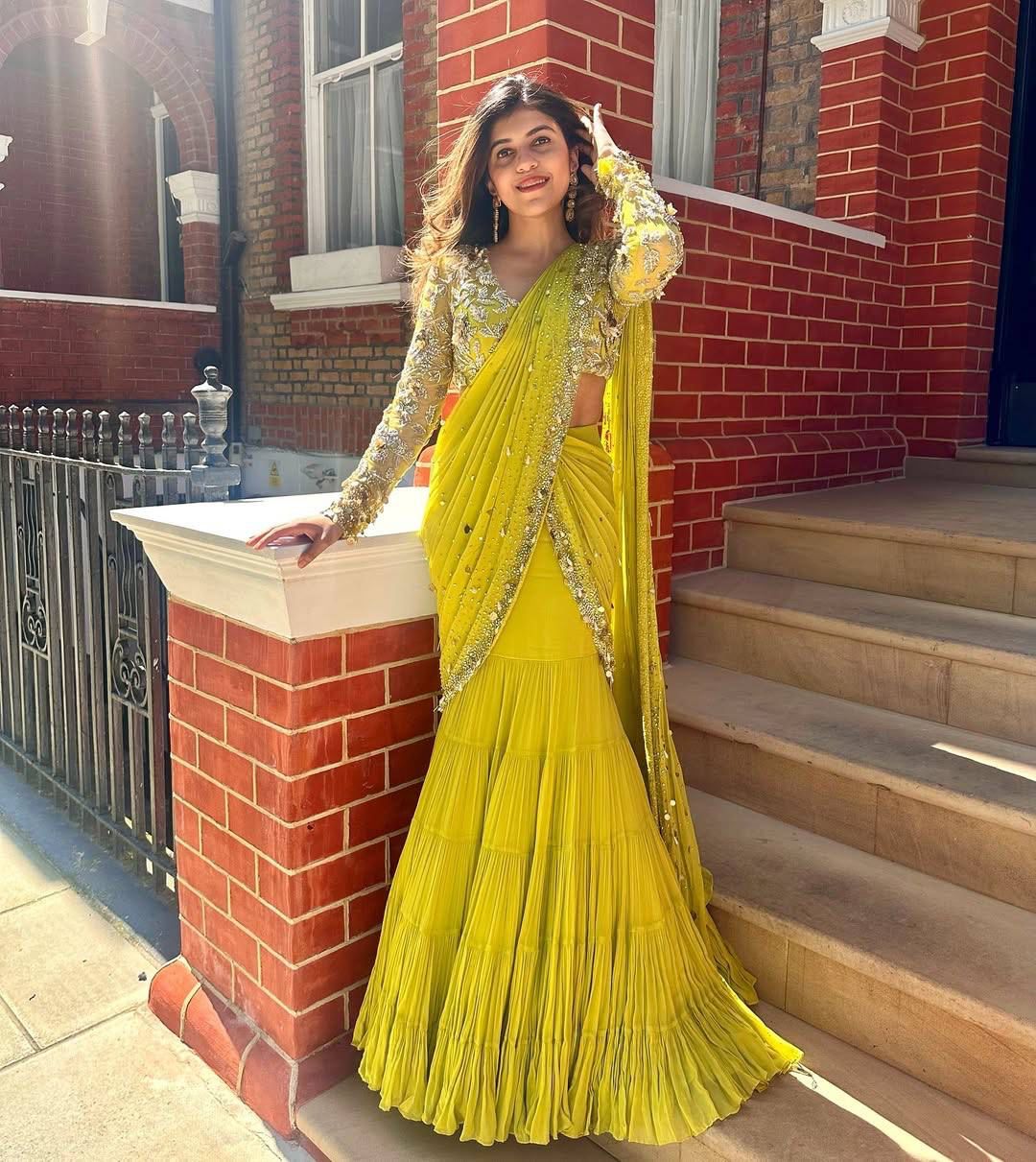 Wedding Wear Yellow Color Foux Gorgette Saree Set For Women
