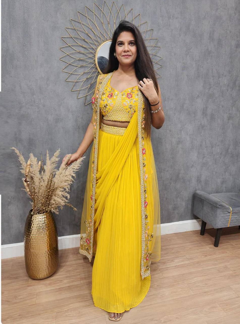 Wedding Wear Yellow Color Georgette With Embroidery Saree For Girls