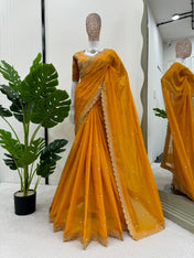 Wedding Wear Yellow Color Havy Tibby Silk Saree For Women
