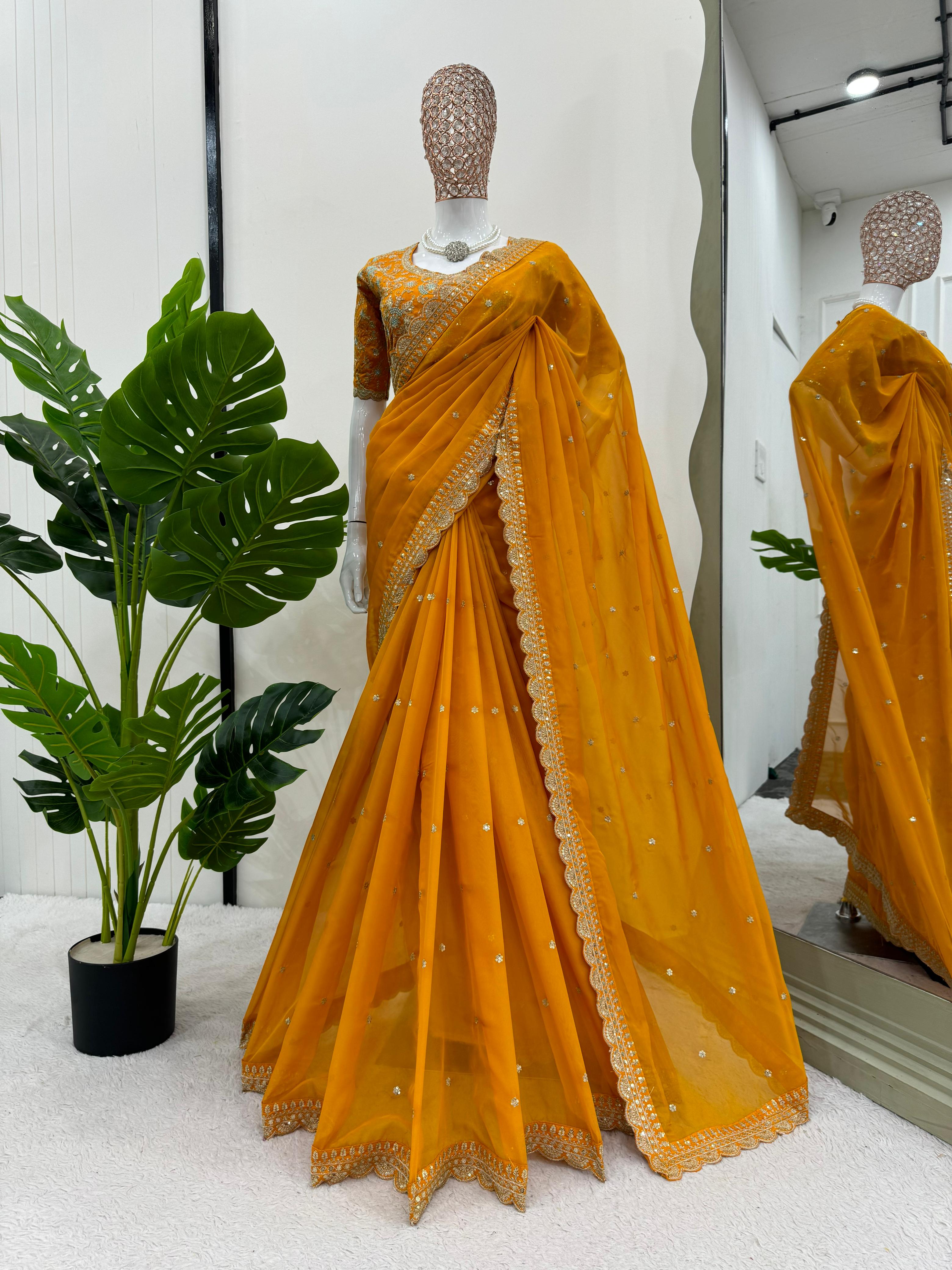 Wedding Wear Yellow Color Havy Tibby Silk Saree For Women