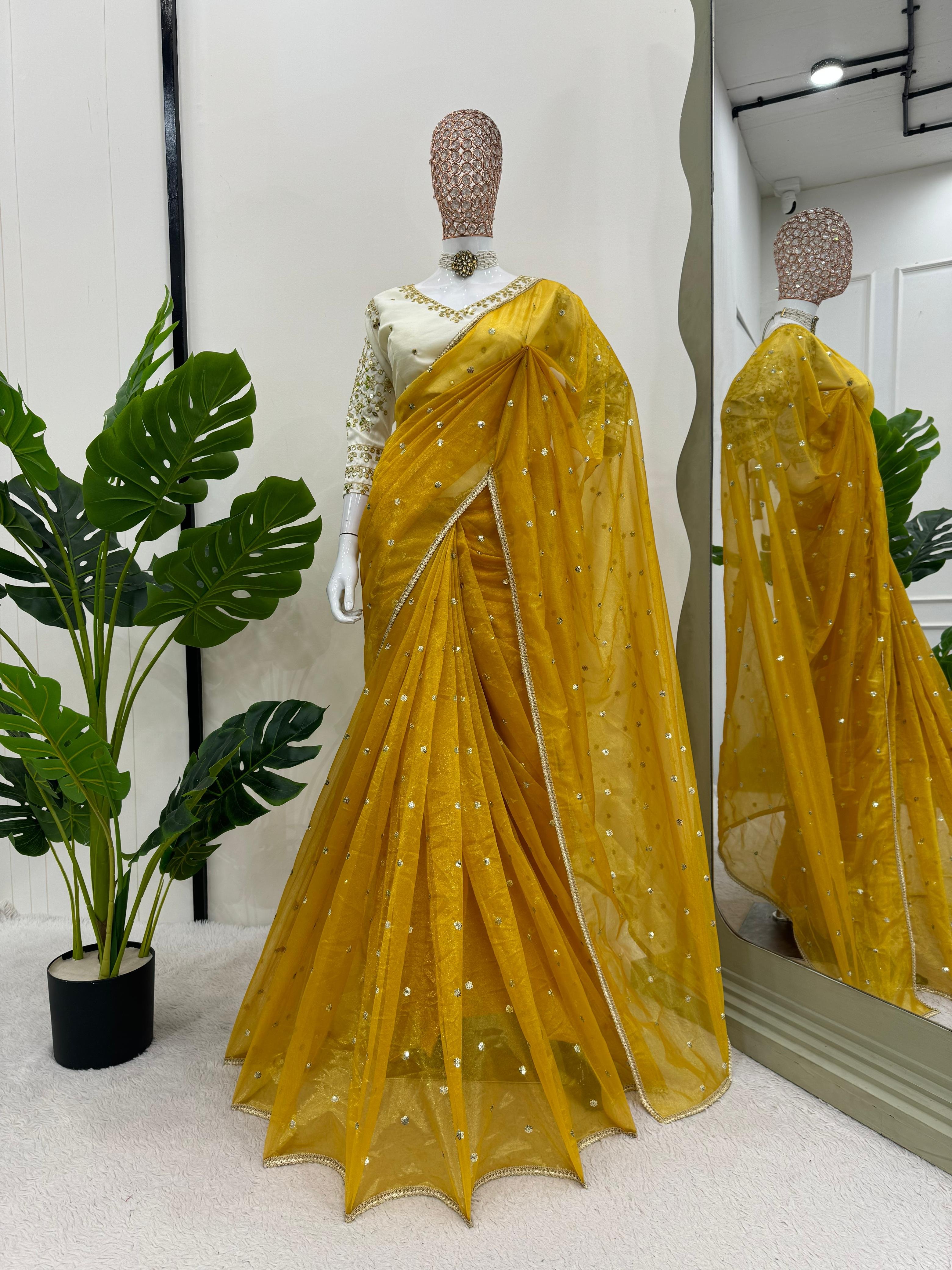 Wedding Wear Yellow Color Havy Twill Net Saree For Women