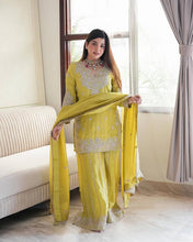 Wedding Wear Yellow Color Heavy Chinon Silk Sharara For Girls
