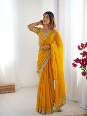 Wedding Wear Yellow Color Jimmy Chu Saree For Girls