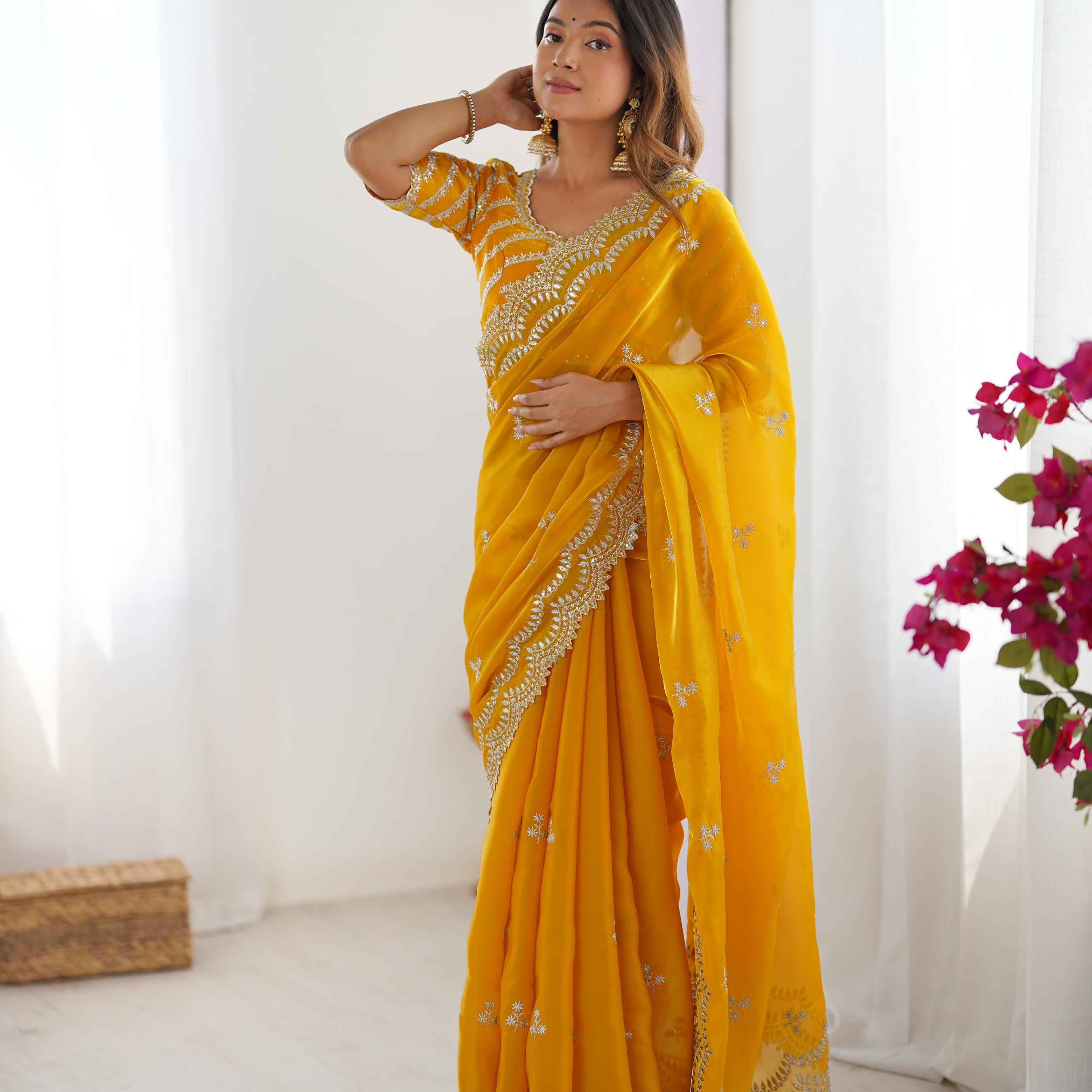 Wedding Wear Yellow Color Jimmy Chu Saree For Girls