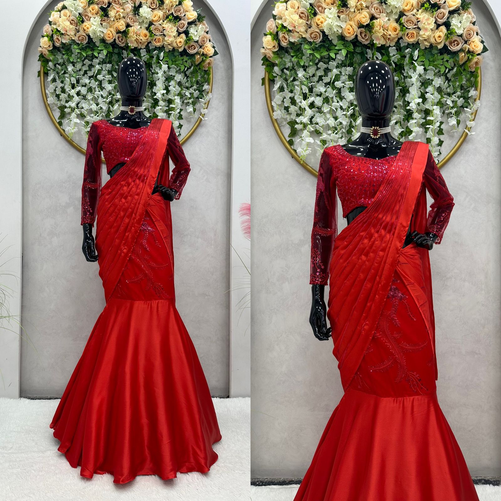 Wedding Wear red Color Satin Silk Saree For Girls
