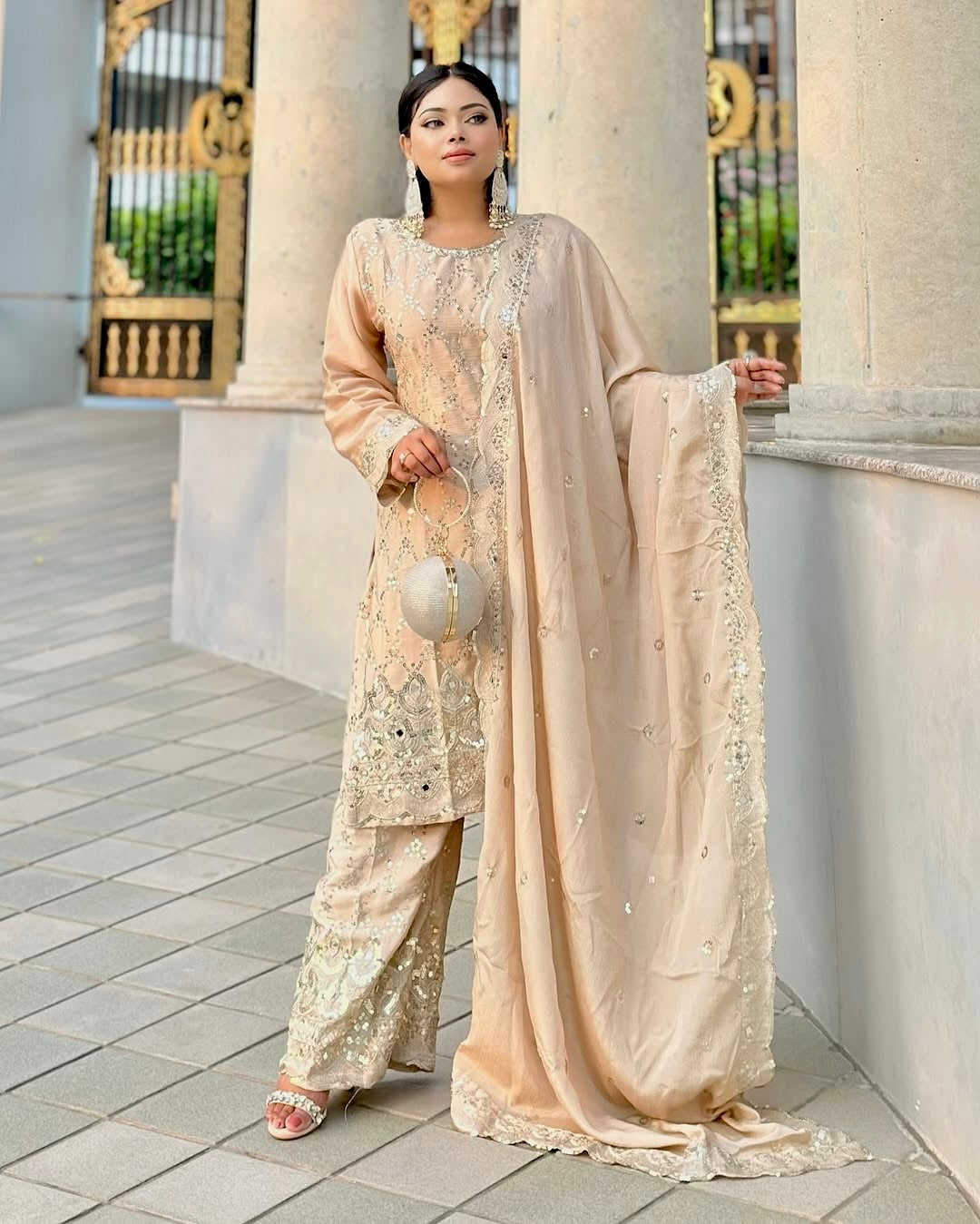 Wedding wear Cream Color Chinnon Silk Suit for girls