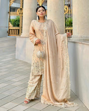 Wedding wear Cream Color Chinnon Silk Suit for girls
